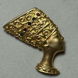 Brushed Gold Tone Nubian Queen Head Brooch Pin With Red Green & Blue Rhinestones